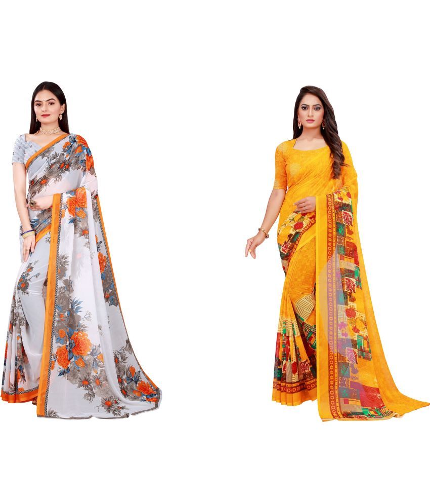     			Vkaran Cotton Silk Printed Saree With Blouse Piece - Multicolor ( Pack of 2 )