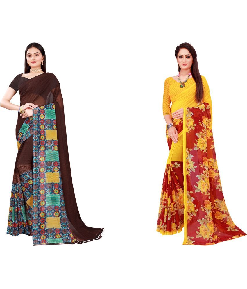     			Vkaran Cotton Silk Printed Saree With Blouse Piece - Multicolor ( Pack of 2 )