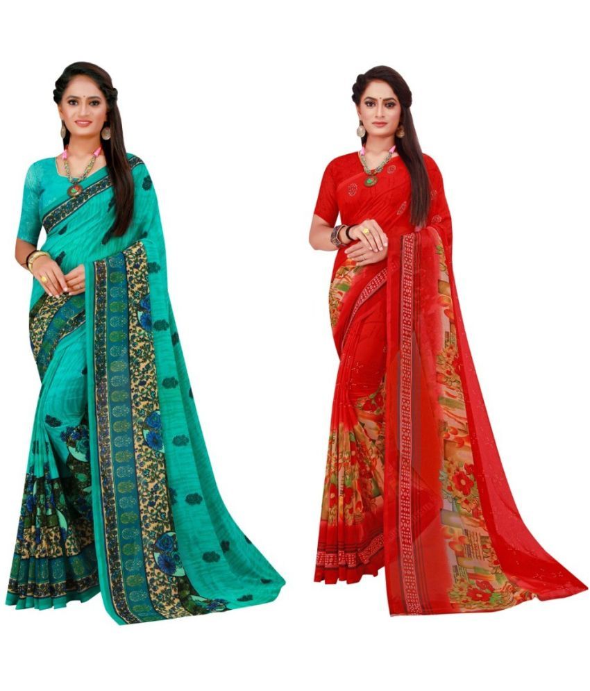     			Vkaran Cotton Silk Printed Saree With Blouse Piece - Multicolor ( Pack of 2 )