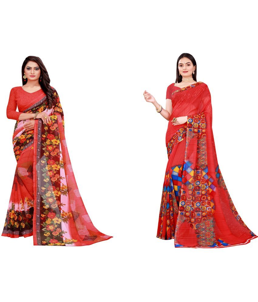     			Vkaran Cotton Silk Printed Saree With Blouse Piece - Multicolor ( Pack of 2 )