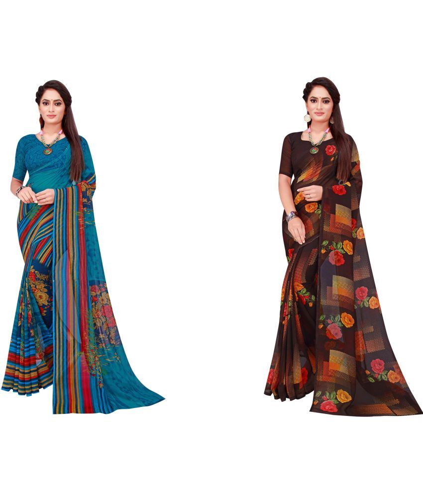     			Vkaran Cotton Silk Printed Saree With Blouse Piece - Multicolor ( Pack of 2 )