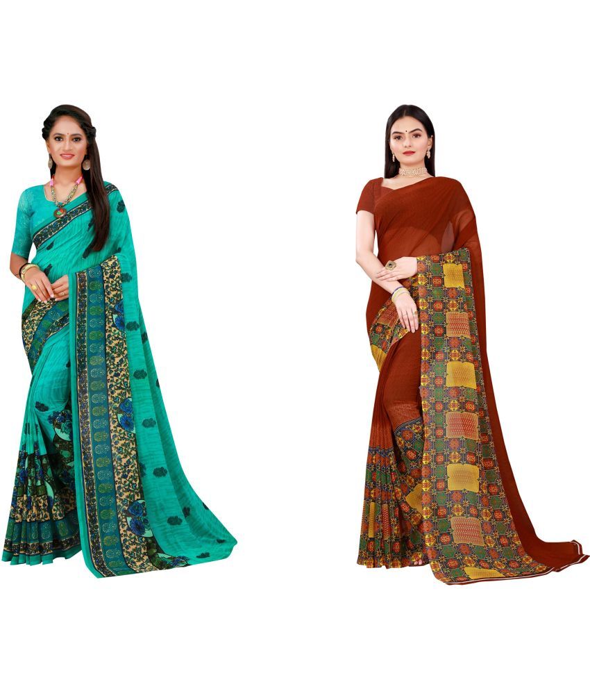     			Vkaran Cotton Silk Printed Saree With Blouse Piece - Multicolor ( Pack of 2 )