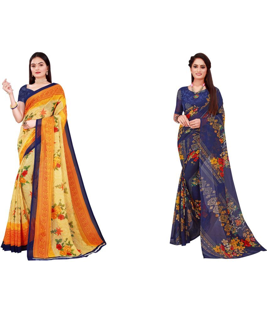     			Vkaran Cotton Silk Printed Saree With Blouse Piece - Multicolor ( Pack of 2 )