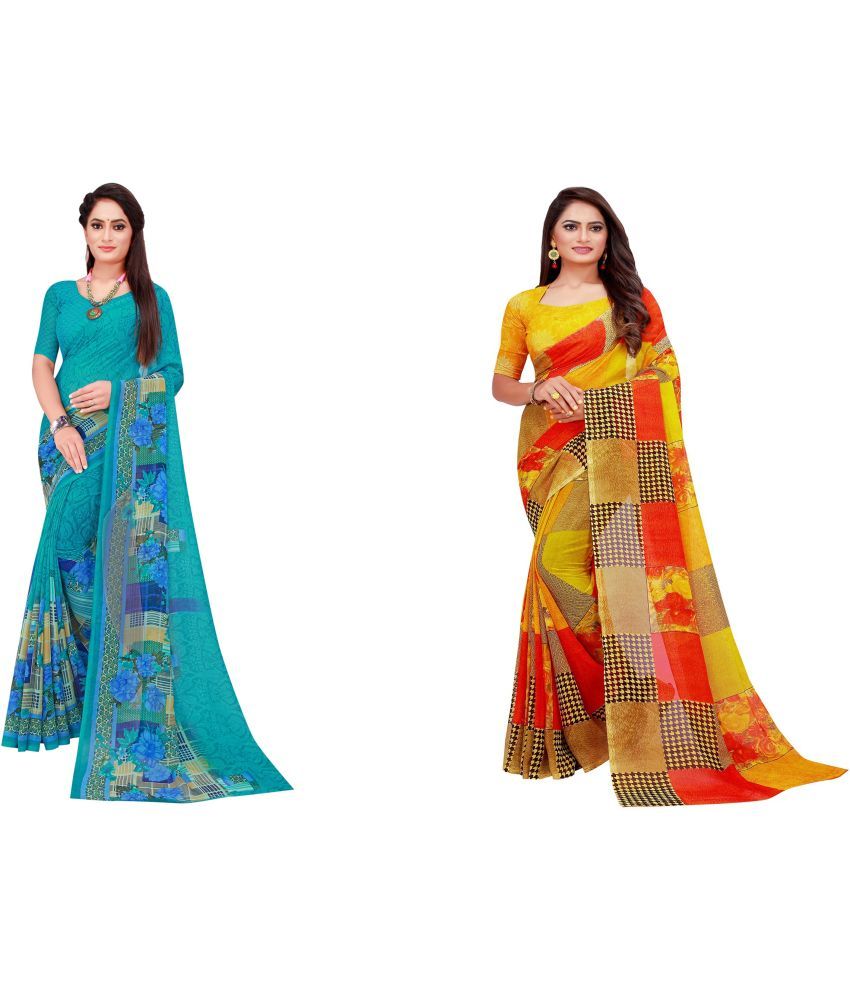     			Vkaran Cotton Silk Printed Saree With Blouse Piece - Multicolor ( Pack of 2 )