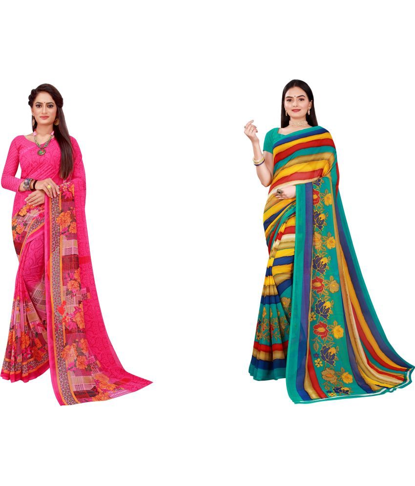     			Vkaran Cotton Silk Printed Saree With Blouse Piece - Multicolor ( Pack of 2 )