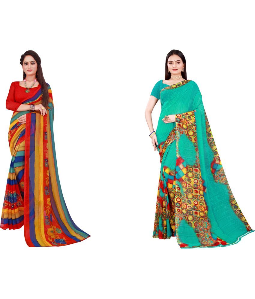     			Vkaran Cotton Silk Printed Saree With Blouse Piece - Multicolor ( Pack of 2 )