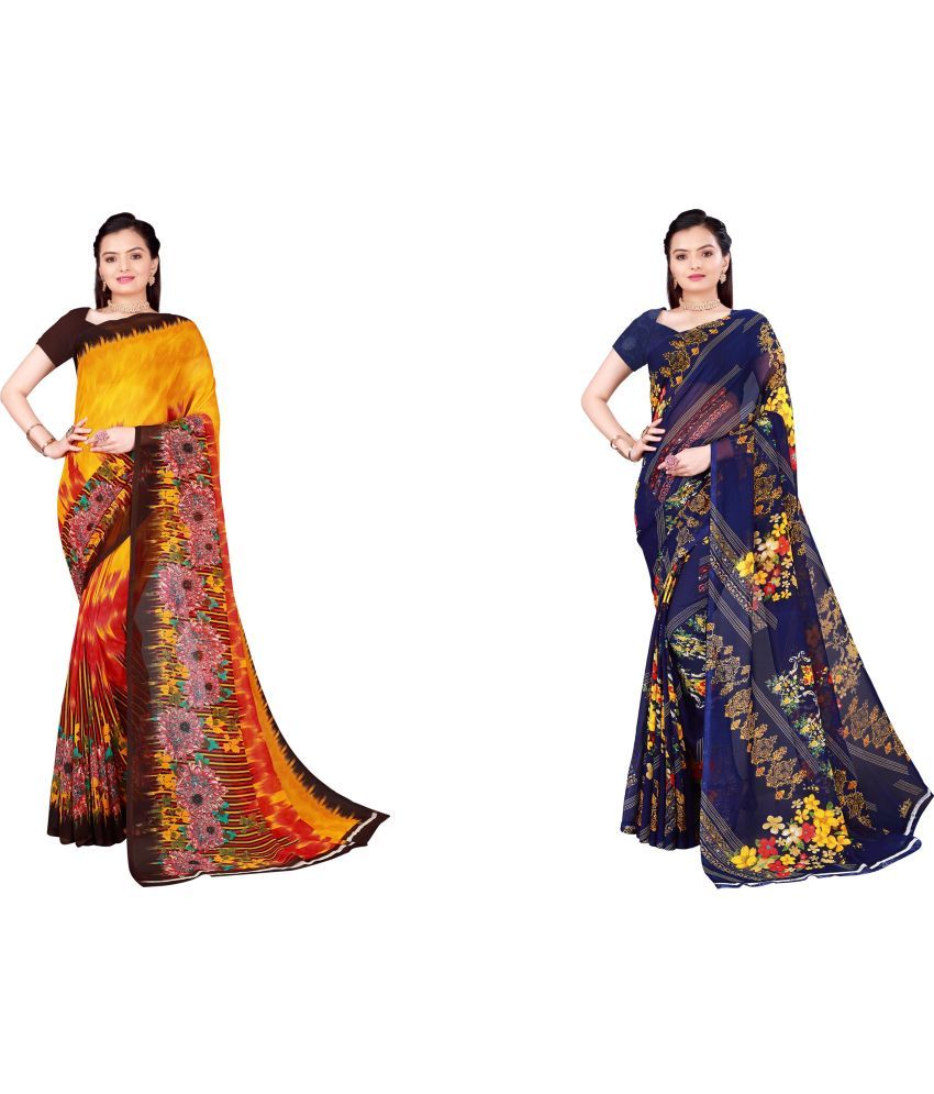     			Vkaran Cotton Silk Printed Saree With Blouse Piece - Multicolor ( Pack of 2 )