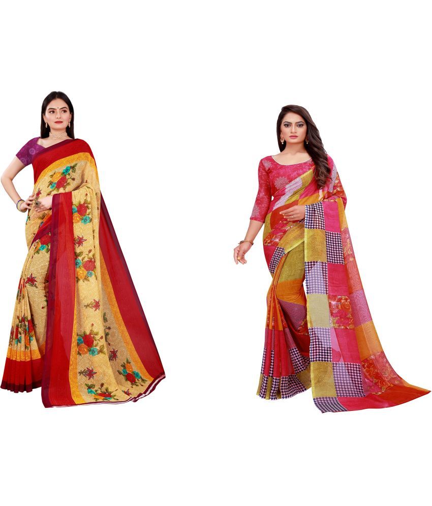     			Vkaran Cotton Silk Printed Saree With Blouse Piece - Multicolor ( Pack of 2 )