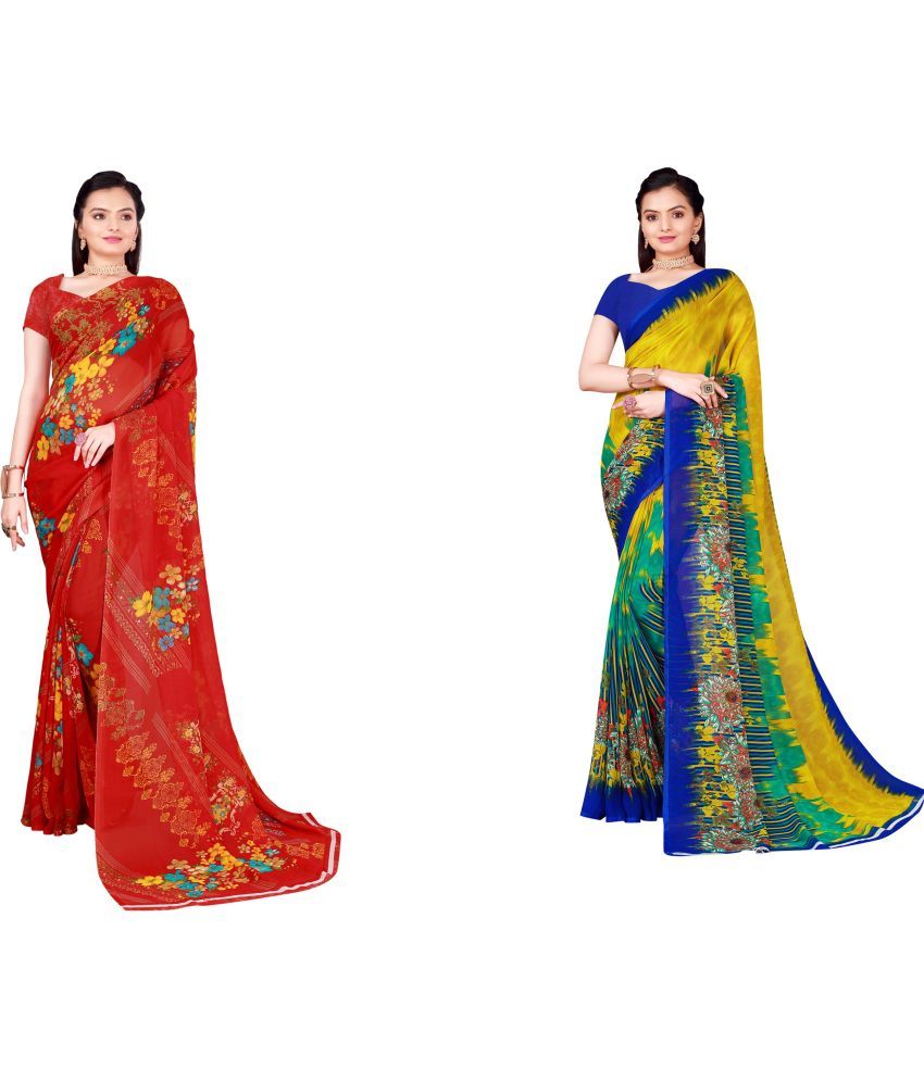     			Vkaran Cotton Silk Printed Saree With Blouse Piece - Multicolor ( Pack of 2 )