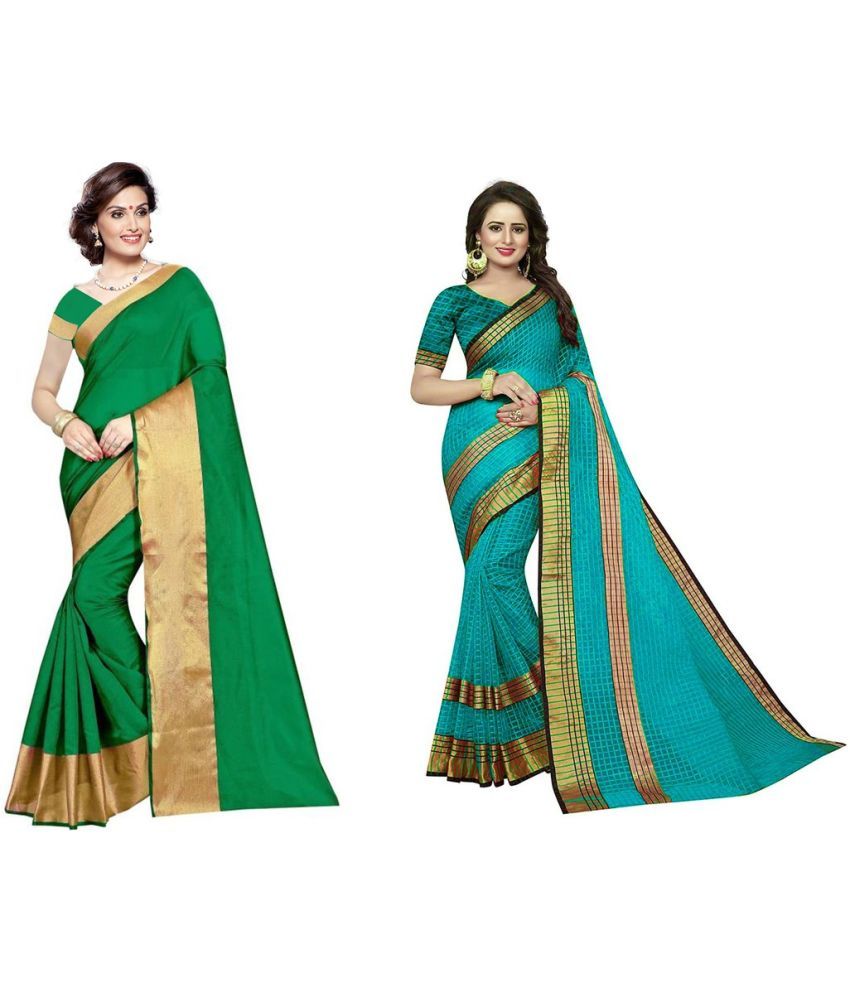     			Vkaran Cotton Silk Printed Saree With Blouse Piece - Multicolor ( Pack of 2 )