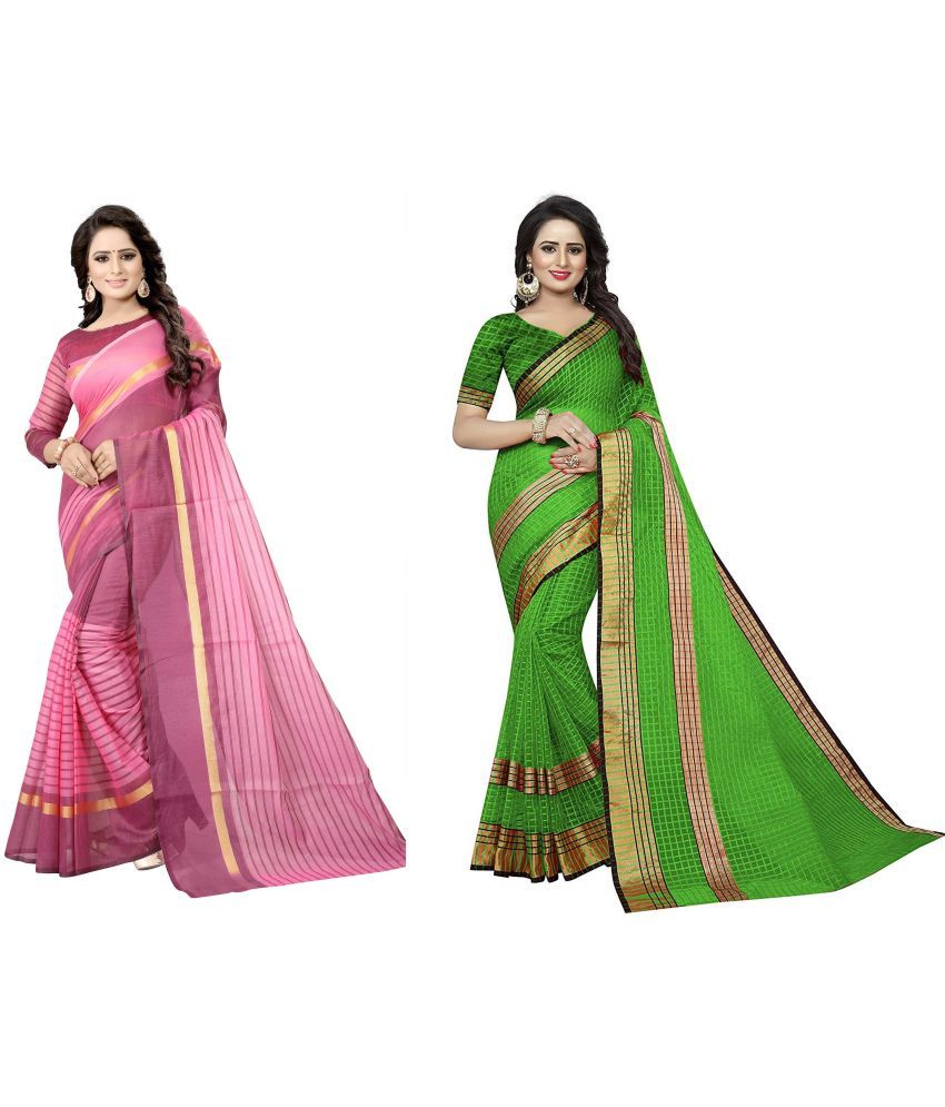     			Vkaran Cotton Silk Printed Saree With Blouse Piece - Multicolor ( Pack of 2 )