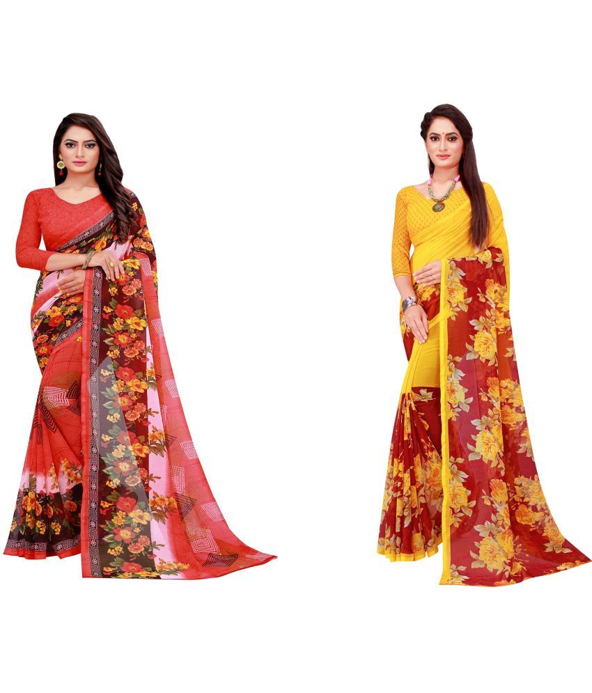     			Vkaran Cotton Silk Printed Saree With Blouse Piece - Multicolor ( Pack of 2 )