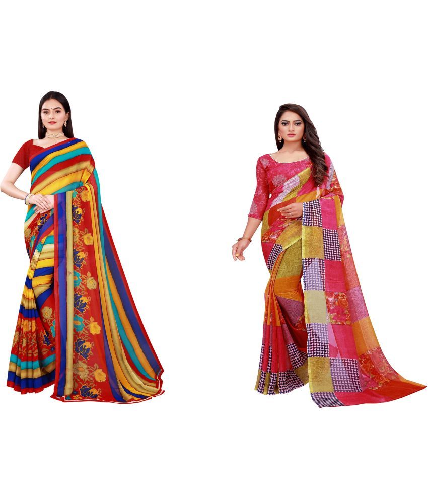     			Vkaran Cotton Silk Printed Saree With Blouse Piece - Multicolor ( Pack of 2 )