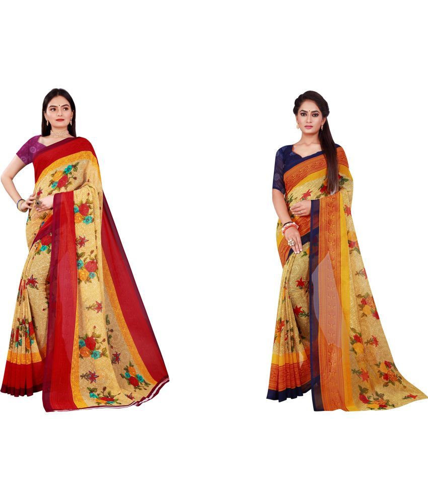     			Vkaran Cotton Silk Printed Saree With Blouse Piece - Multicolor ( Pack of 2 )