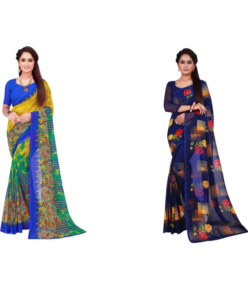     			Vkaran Cotton Silk Printed Saree With Blouse Piece - Multicolor ( Pack of 2 )