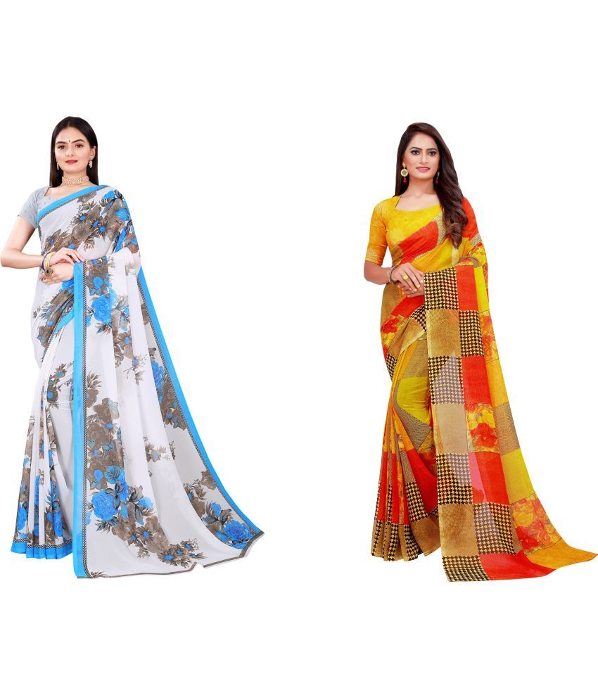     			Vkaran Cotton Silk Printed Saree With Blouse Piece - Multicolor ( Pack of 2 )