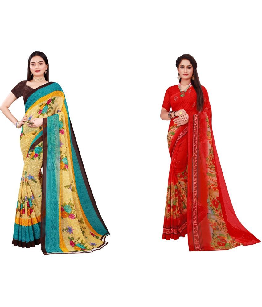     			Vkaran Cotton Silk Printed Saree With Blouse Piece - Multicolor ( Pack of 2 )