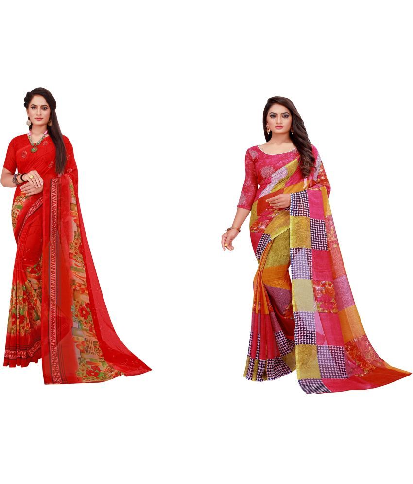     			Vkaran Cotton Silk Printed Saree With Blouse Piece - Multicolor ( Pack of 2 )