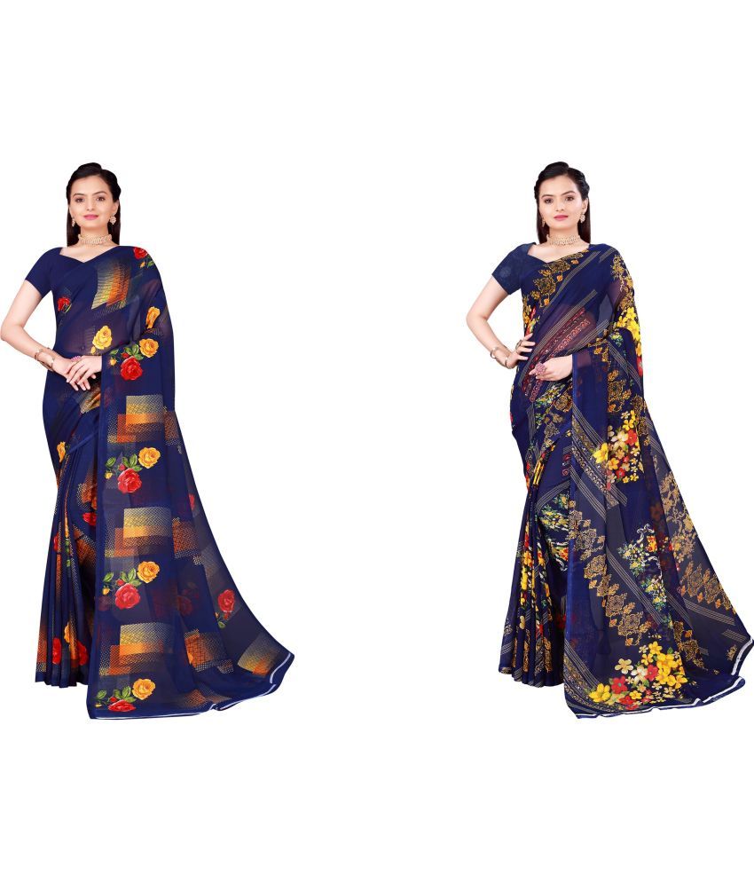     			Vkaran Cotton Silk Printed Saree With Blouse Piece - Multicolor ( Pack of 2 )