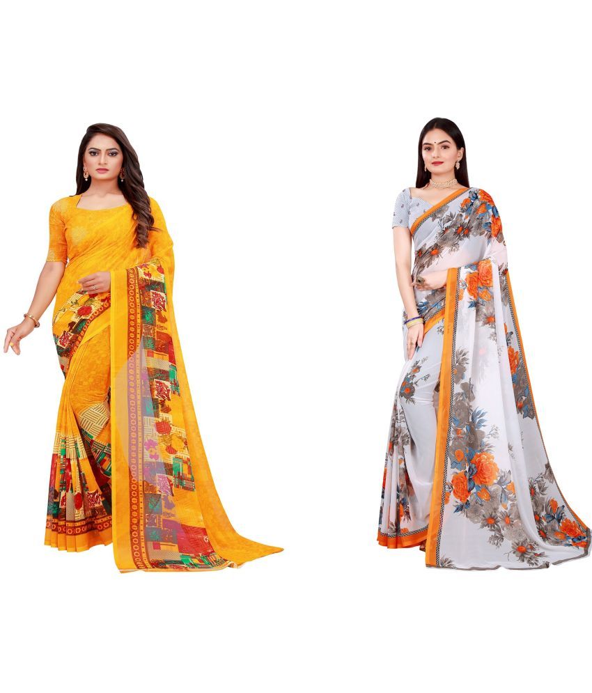     			Vkaran Cotton Silk Printed Saree With Blouse Piece - Multicolor ( Pack of 2 )