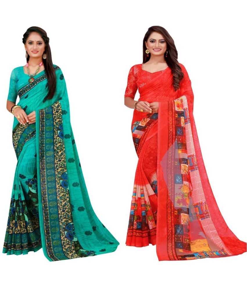     			Vkaran Cotton Silk Printed Saree With Blouse Piece - Multicolor ( Pack of 2 )