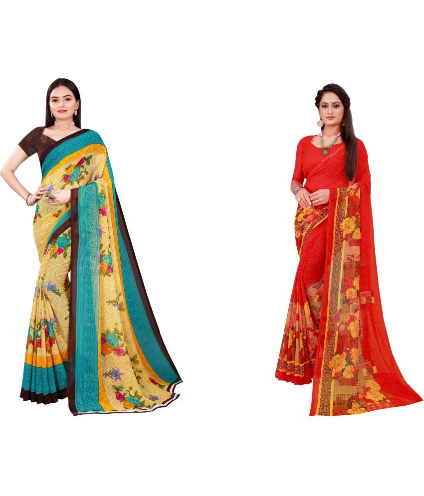     			Vkaran Cotton Silk Printed Saree With Blouse Piece - Multicolor ( Pack of 2 )