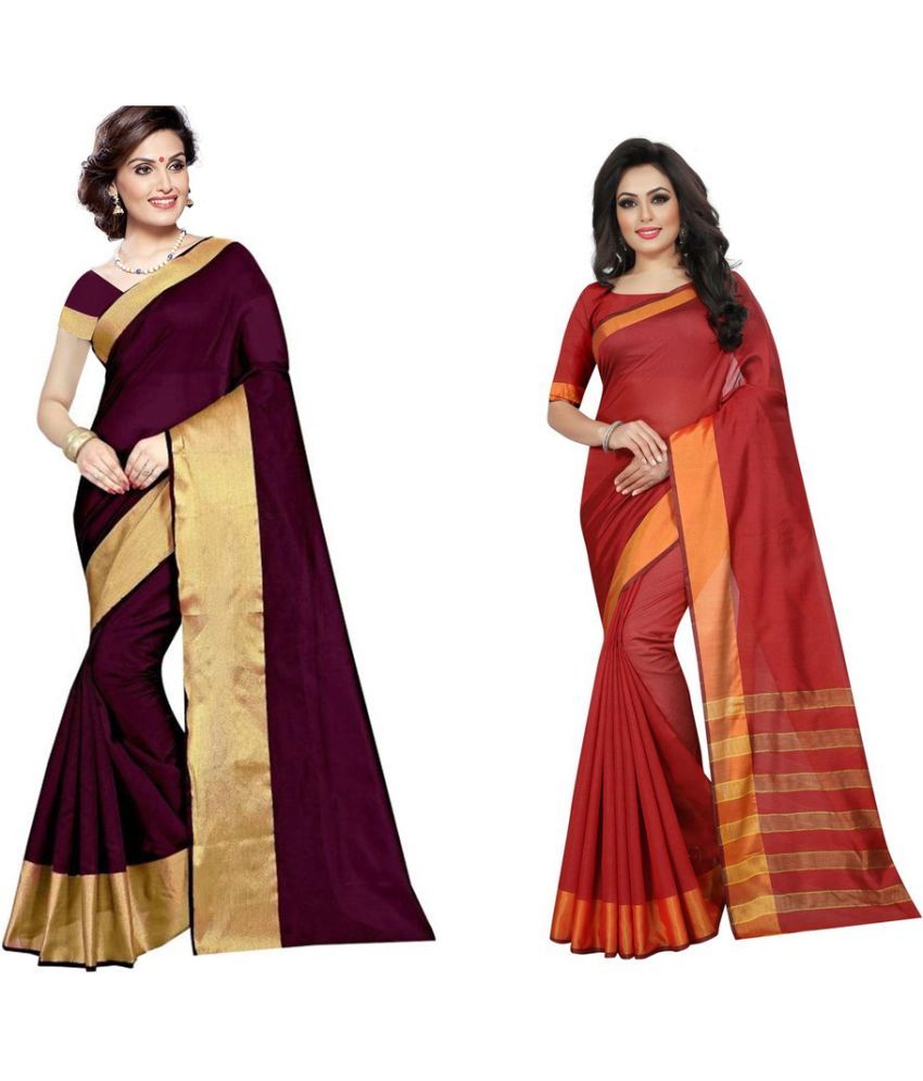     			Vkaran Cotton Silk Printed Saree With Blouse Piece - Multicolor ( Pack of 2 )