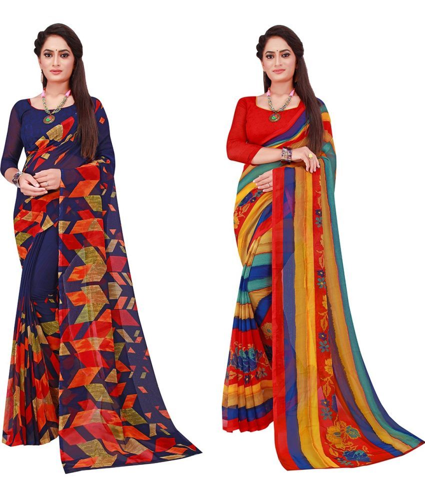     			Vkaran Cotton Silk Printed Saree With Blouse Piece - Multicolor ( Pack of 2 )