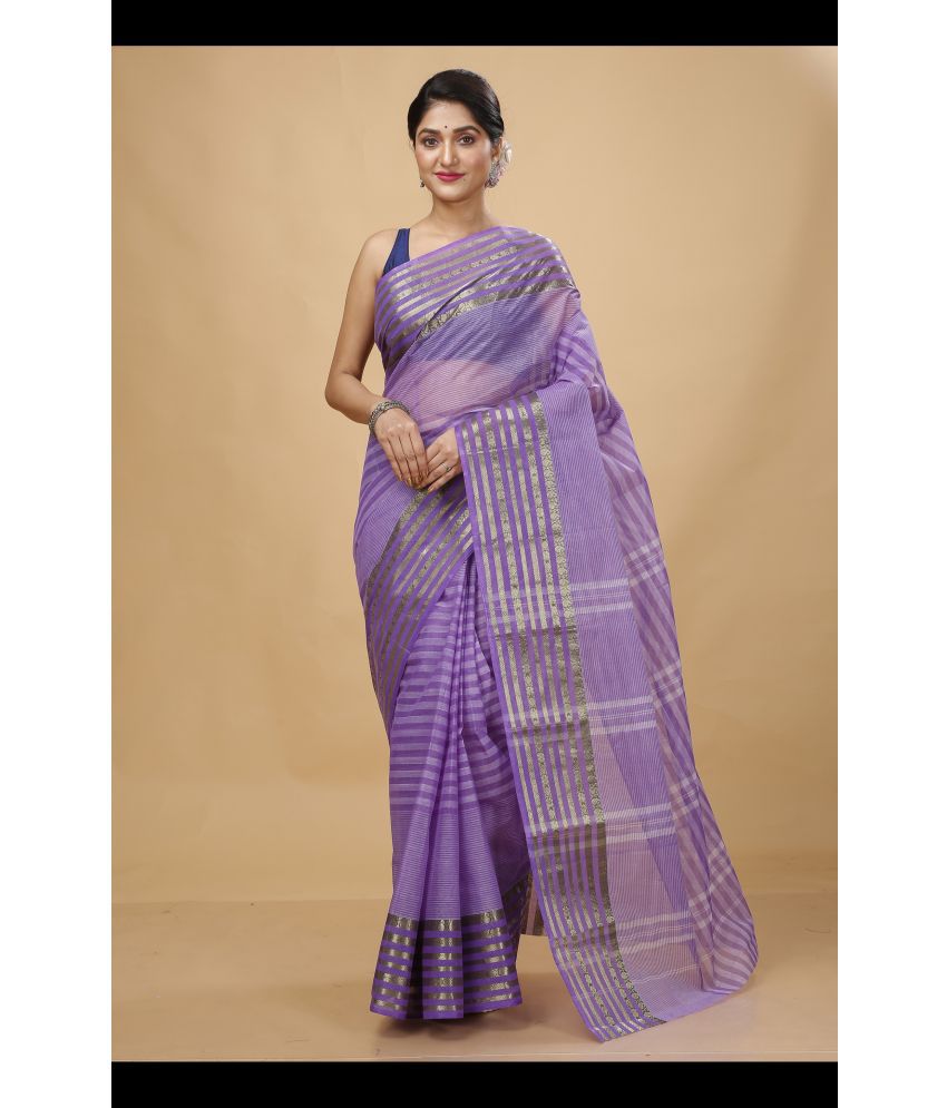     			Happy Creation Cotton Striped Saree Without Blouse Piece - Purple ( Pack of 1 )