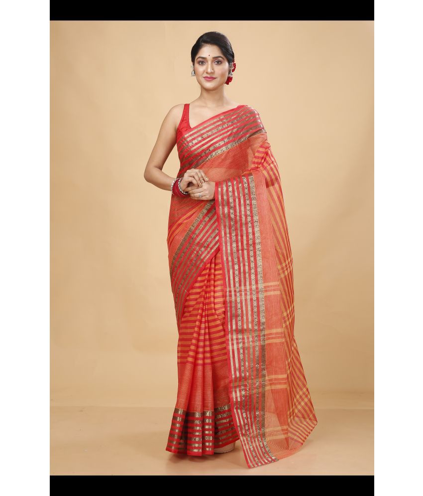     			Happy Creation Cotton Striped Saree Without Blouse Piece - Red ( Pack of 1 )