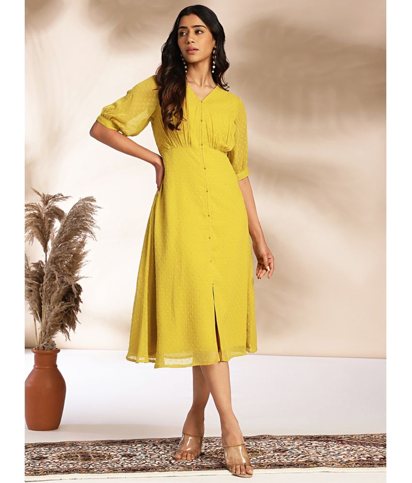     			Janasya Chiffon Self Design Midi Women's A-line Dress - Mustard ( Pack of 1 )