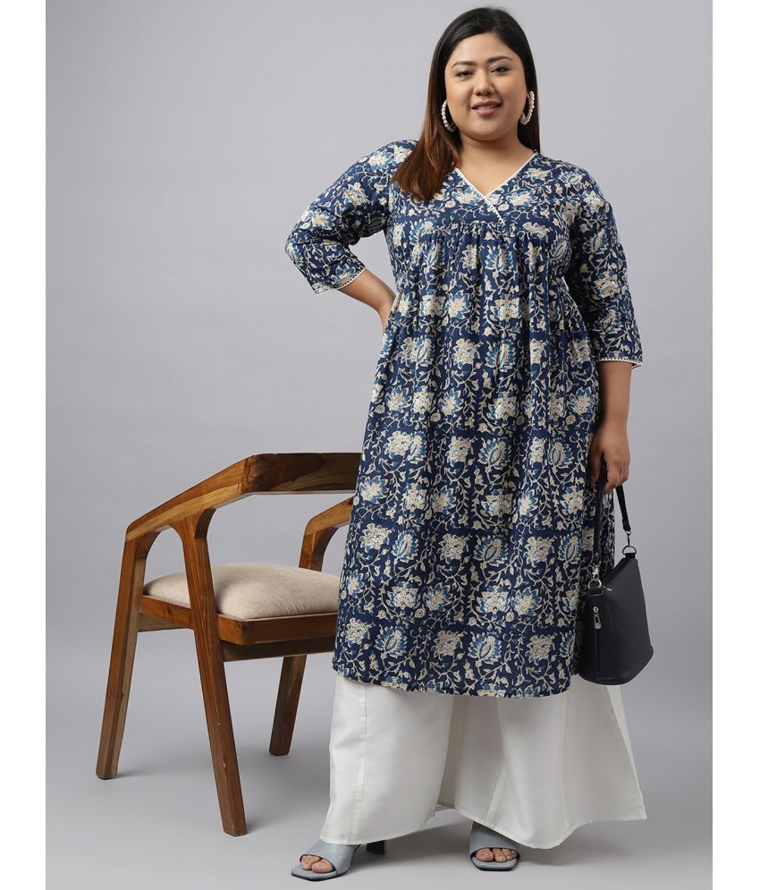     			Janasya Cotton Printed Flared Women's Kurti - Navy Blue ( Pack of 1 )