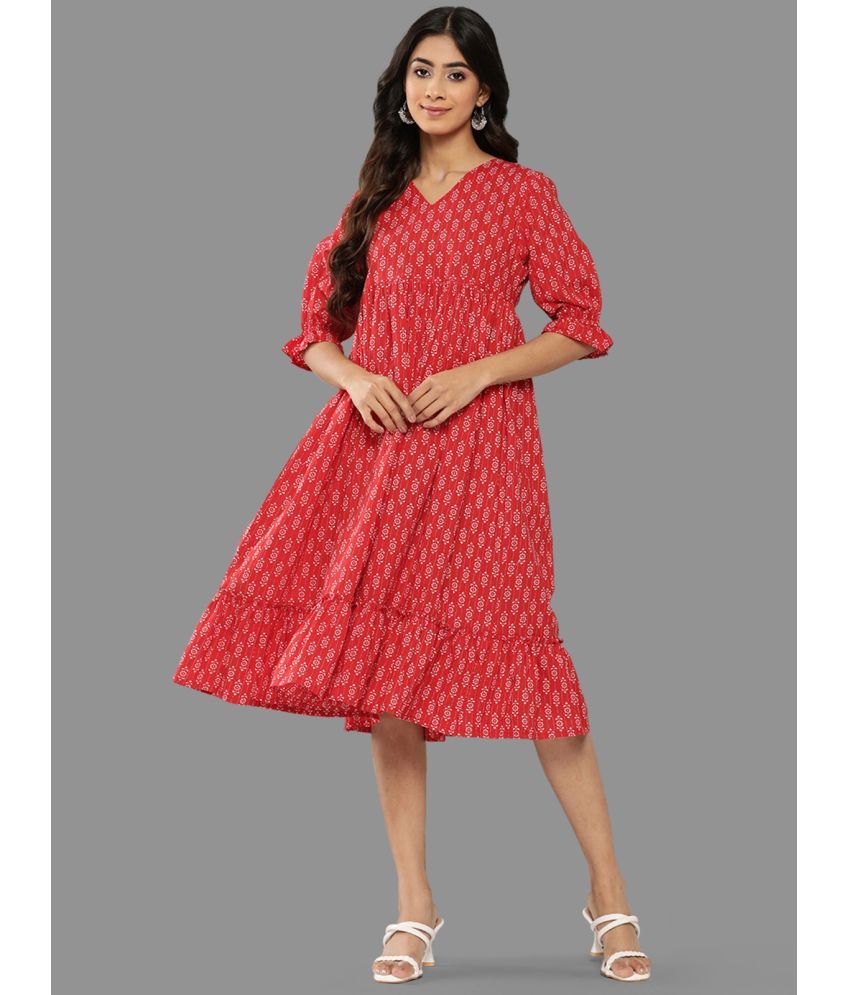     			Janasya Cotton Printed Midi Women's Fit & Flare Dress - Red ( Pack of 1 )