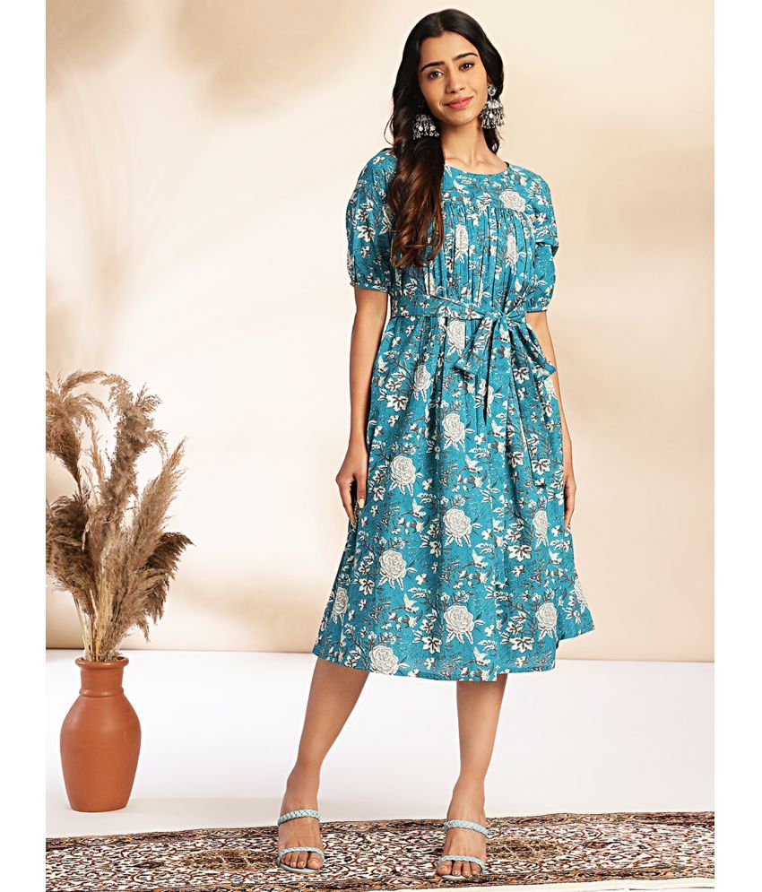     			Janasya Cotton Printed Midi Women's Empire Dress - Teal ( Pack of 1 )