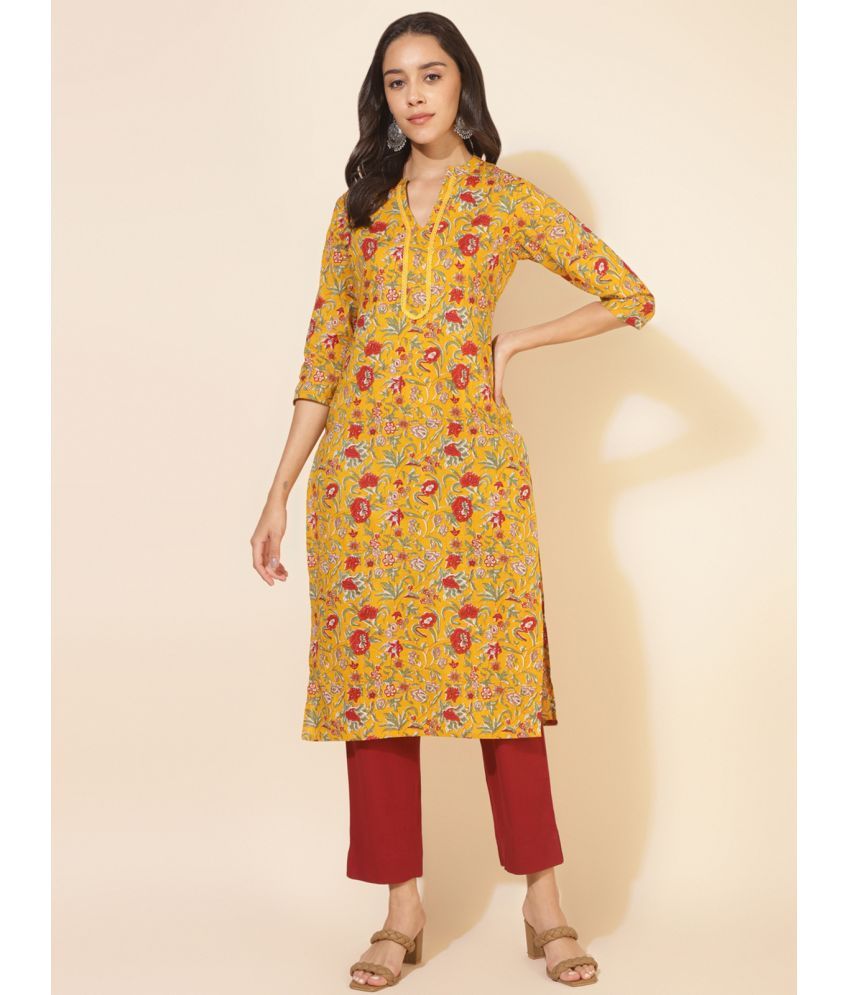     			Janasya Cotton Printed Straight Women's Kurti - Mustard ( Pack of 1 )