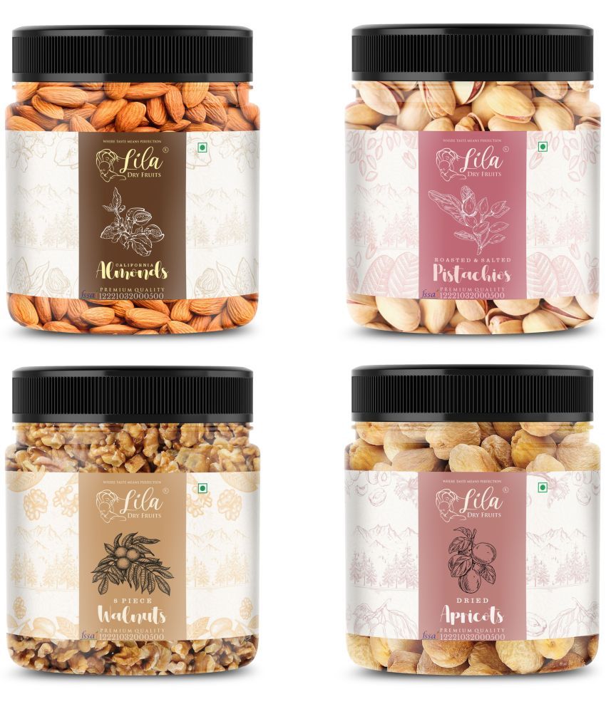     			Lila Dry Fruits Almond(100gm), Salted Pista (100gm), Walnuts (100gm) & Apricots(100 gm)