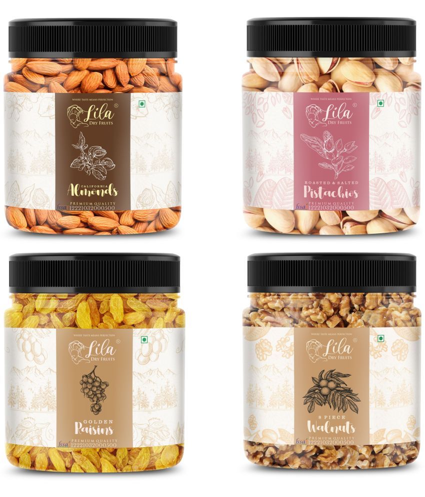     			Lila Dry Fruits Almond(250gm), Salted Pista (250gm), Walnuts (250gm) & Green Raisin(250 gm)