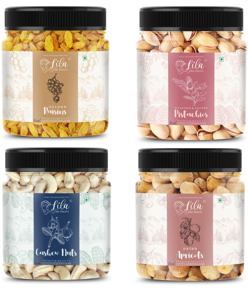     			Lila Dry Fruits Cashew(100gm), Pistachios(100gm), Green Raisins(100gm) & Apricots(100 gm)