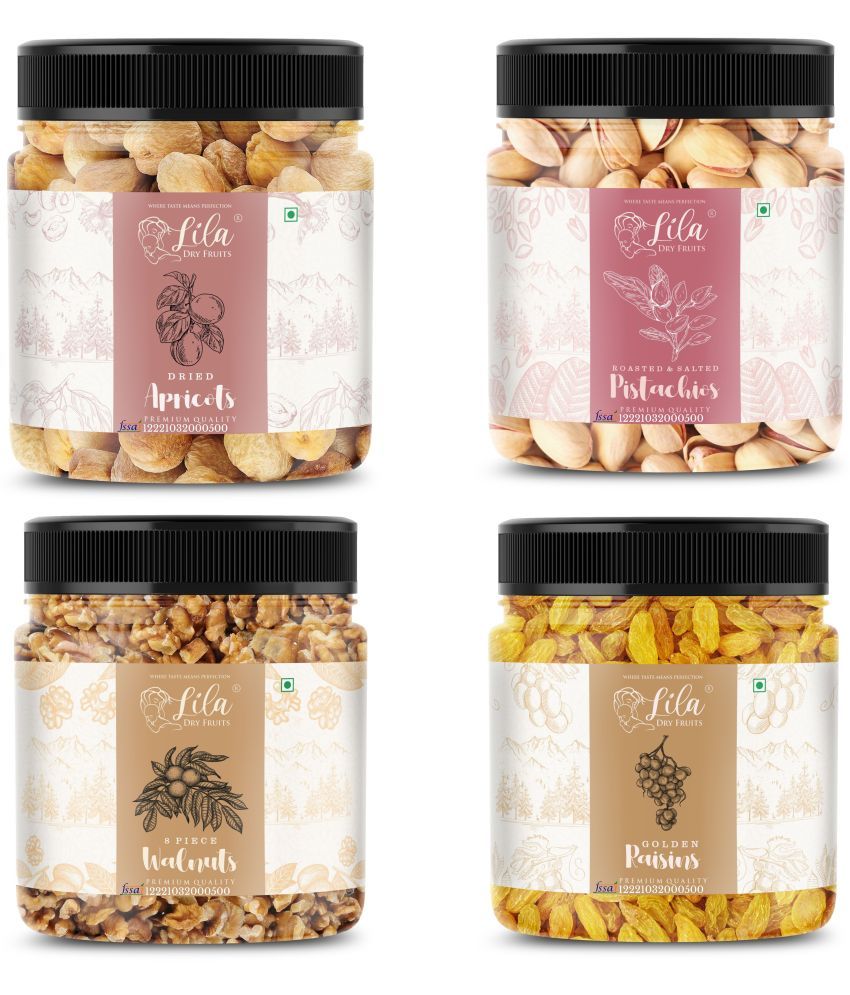     			Lila Dry Fruits Pistachios(100gm), Walnut(100gm), Green Raisin(100gm), Apricots(100gm) Combo