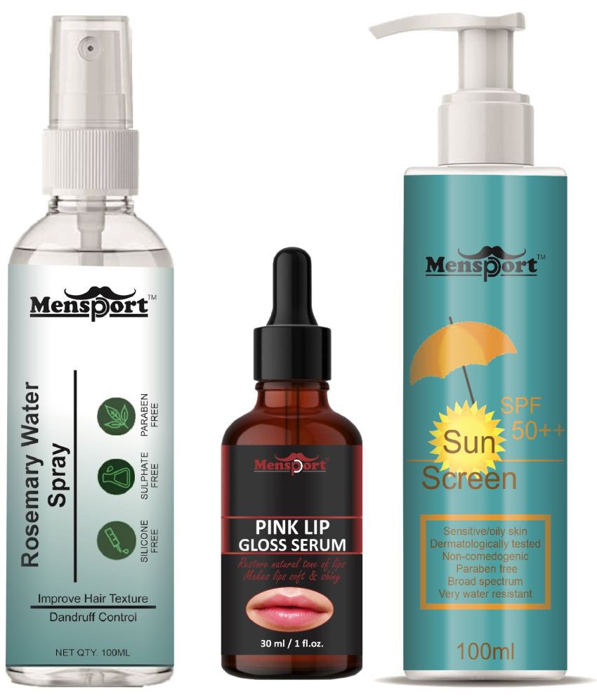     			Mensport Rosemary Water | Hair Spray For Hair Regrowth 100ml, Pink Lip Gloss Serum (Restore Natural Tone of Lips) 30ml & Sunscreen Cream with SPF 50++ 100ml - Set of 3 Items
