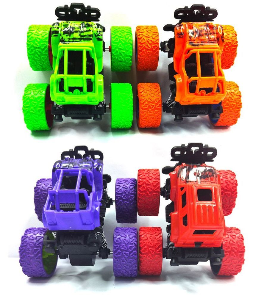     			RAINBOW RIDERS 4 Pcs Mini Monster Car /(Red, Purple, Orange, Green) for 3+ Years Kids / 4*4 Big Wheels  4 Pcs Mini Monster Car for Kids.