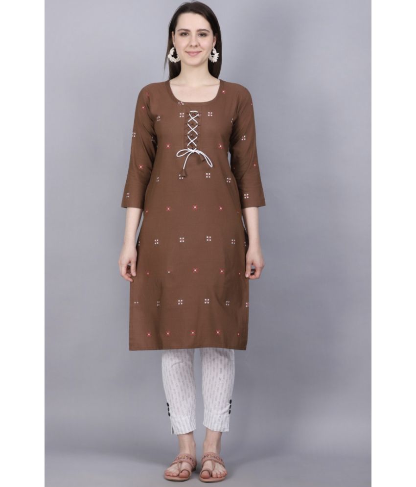    			TRAHIMAM Cotton Blend Printed Kurti With Pants Women's Stitched Salwar Suit - Brown ( Pack of 1 )
