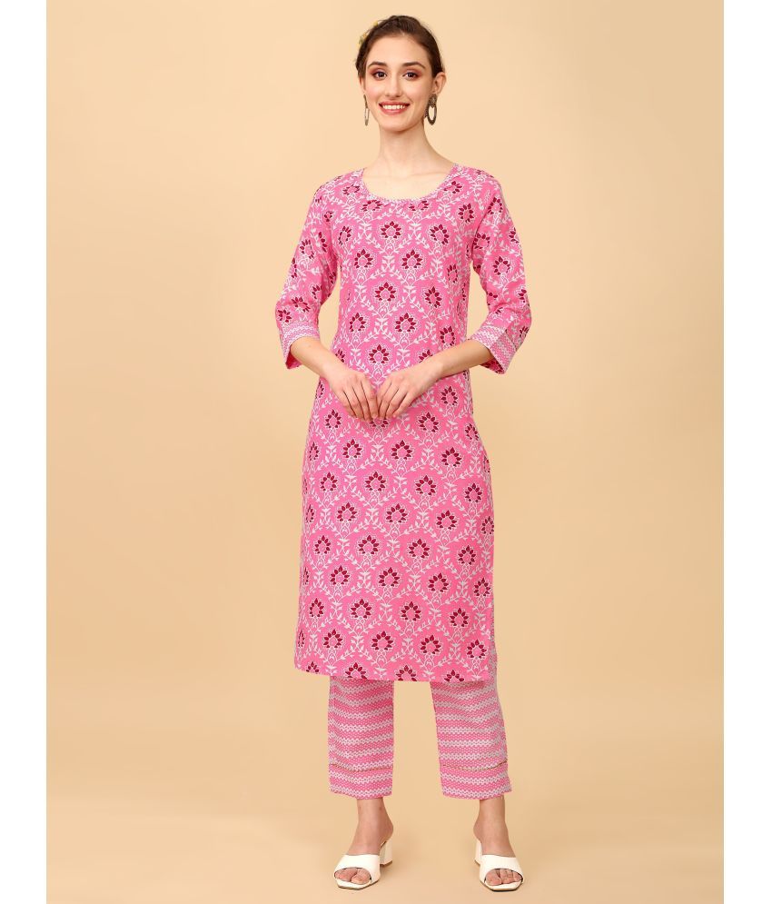     			TRAHIMAM Cotton Blend Printed Kurti With Pants Women's Stitched Salwar Suit - Pink ( Pack of 1 )