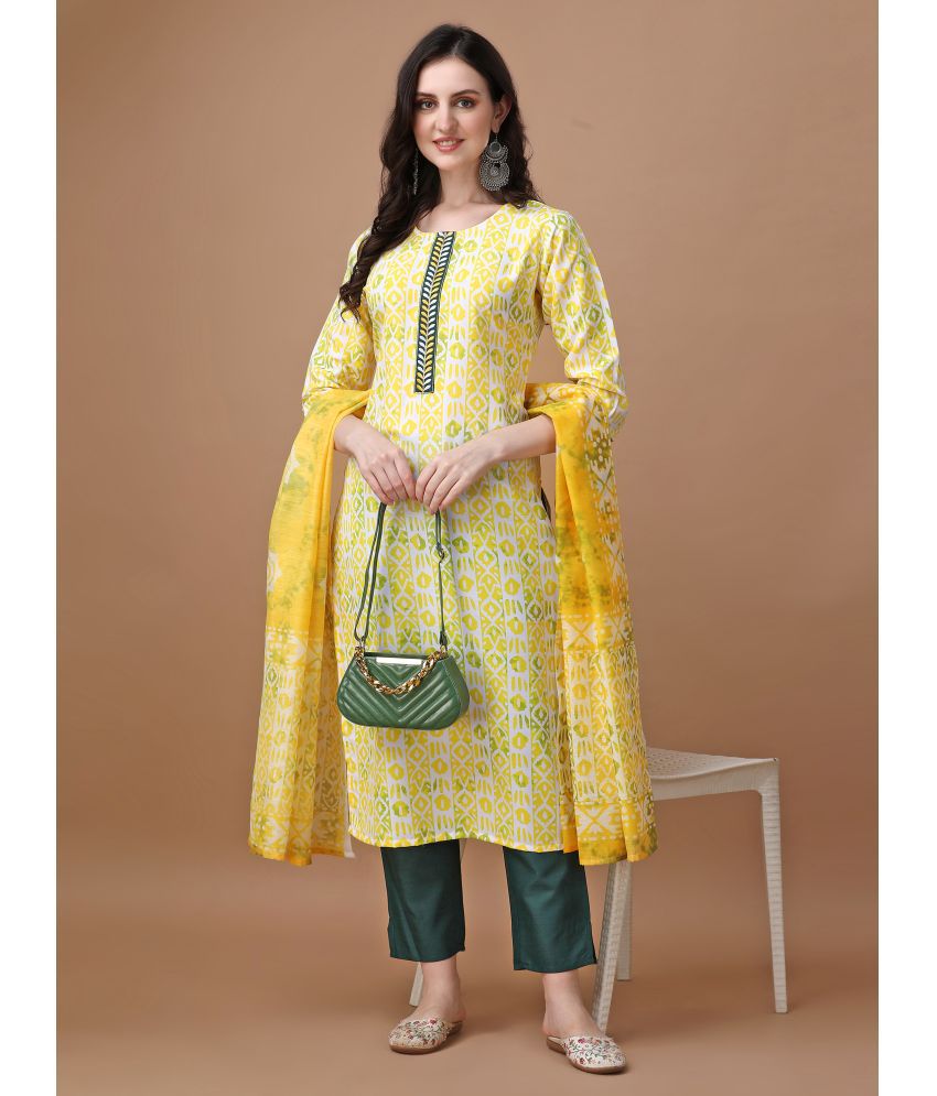     			TRAHIMAM Rayon Printed Kurti With Pants Women's Stitched Salwar Suit - Yellow ( Pack of 1 )