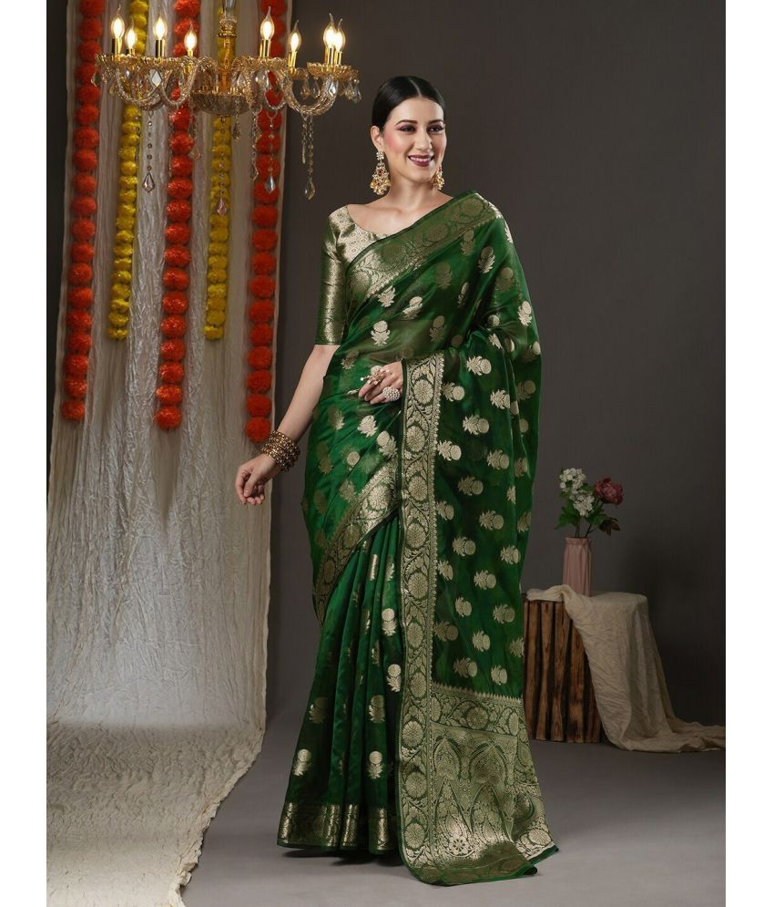     			Trijal Fab Jacquard Self Design Saree With Blouse Piece - Green ( Pack of 1 )