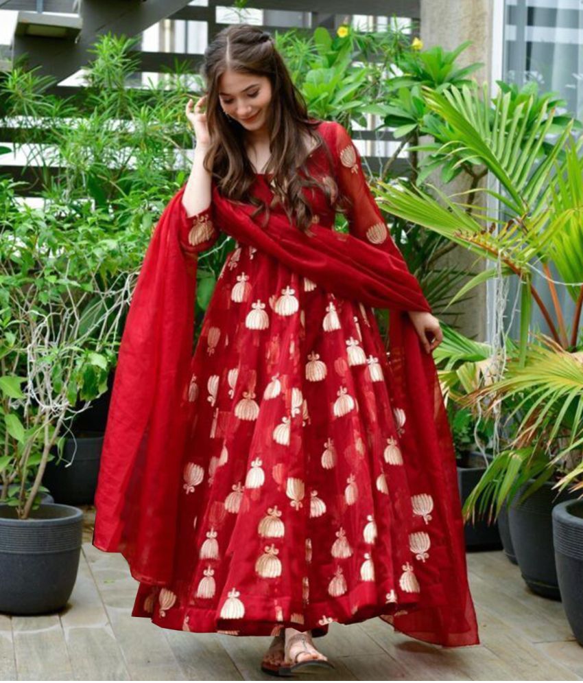     			Trijal Fab Red Anarkali Georgette Women's Stitched Ethnic Gown ( Pack of 1 )