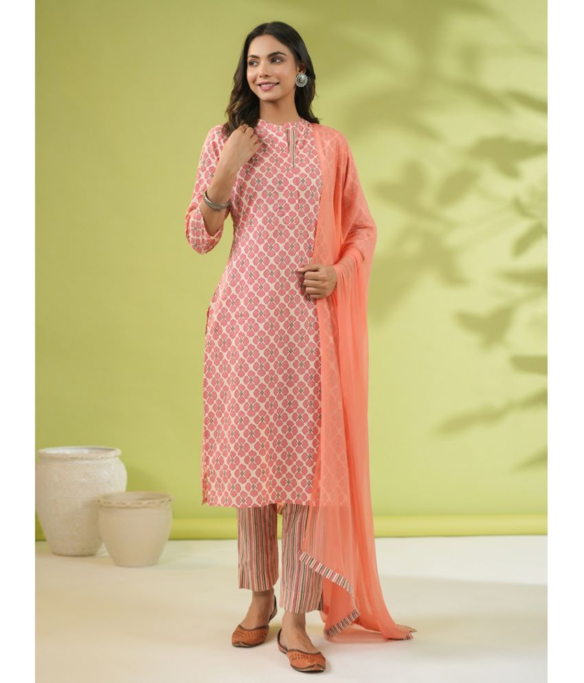     			Janasya Cotton Printed Kurti With Pants Women's Stitched Salwar Suit - Peach ( Pack of 1 )