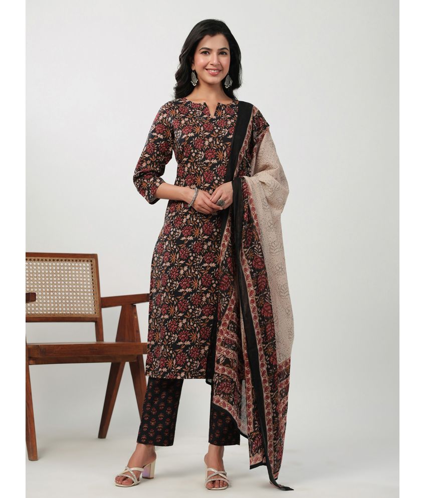     			Janasya Cotton Printed Kurti With Pants Women's Stitched Salwar Suit - Black ( Pack of 1 )