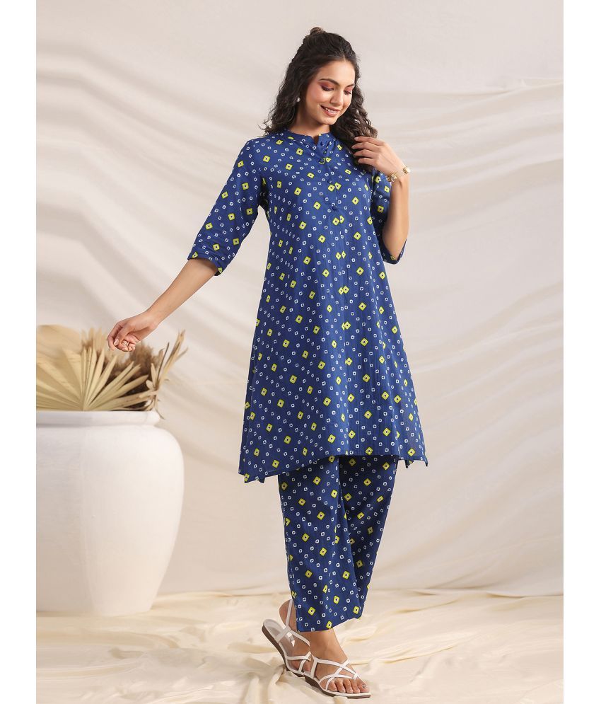     			Janasya Cotton Printed Kurti With Pants Women's Stitched Salwar Suit - Blue ( Pack of 1 )