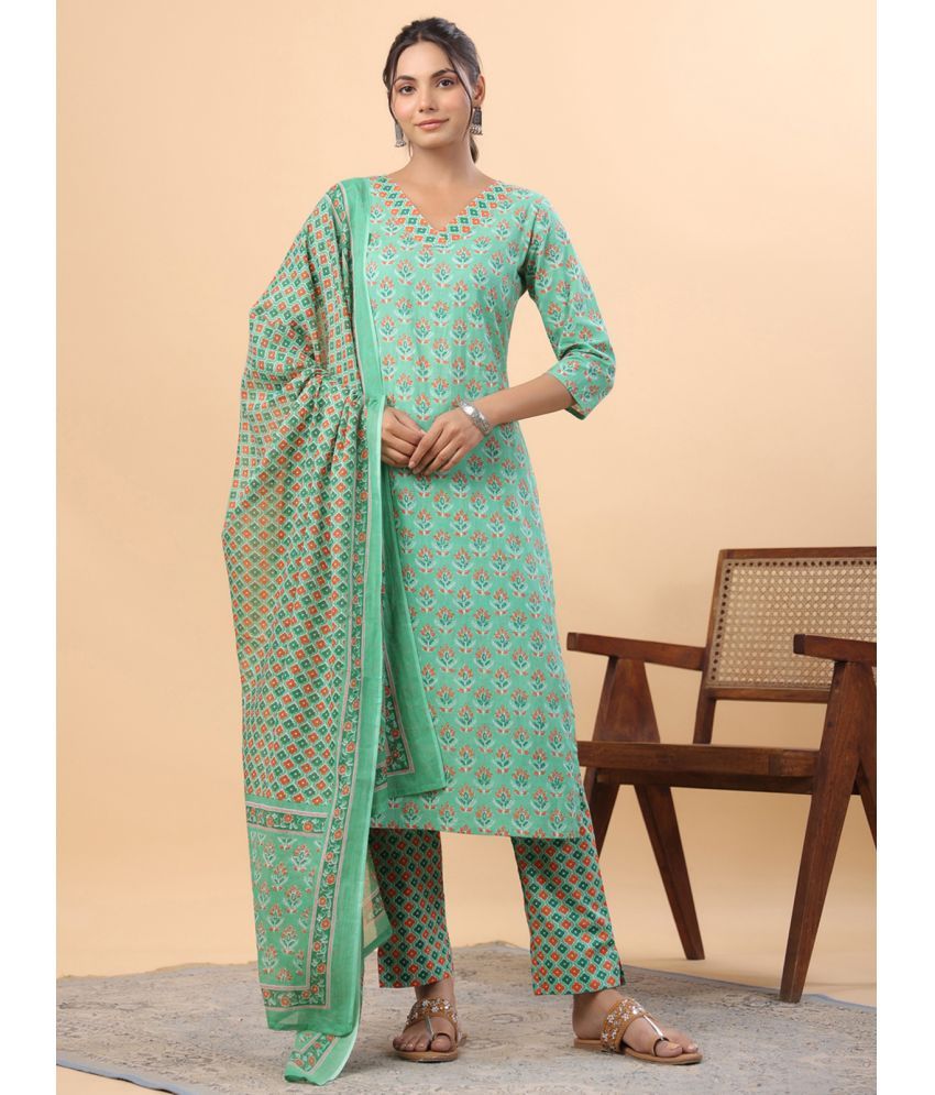     			Janasya Cotton Printed Kurti With Pants Women's Stitched Salwar Suit - Green ( Pack of 1 )